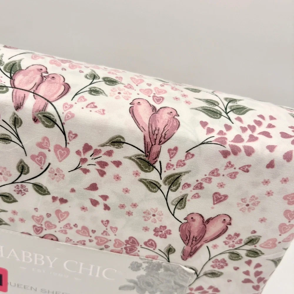 Shabby Chic Queen Sheet Set Pink Lovebirds Hearts Floral White 4 Piece New
